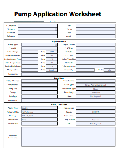 pump application worksheet template