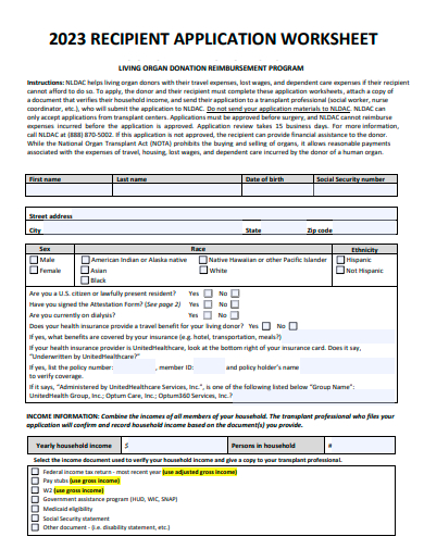 recipient application worksheet template