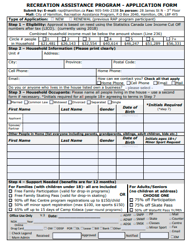 recreation assistance program application form template