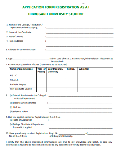 registration as university student application form template