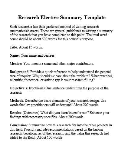 research elective summary template