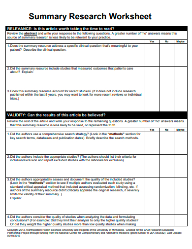 research worksheet summary template