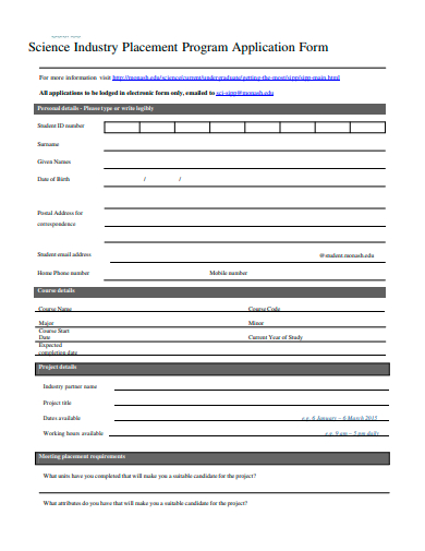 science industry placement program application form template