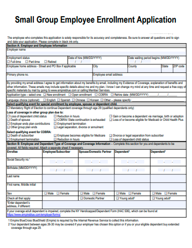 small group employee enrollment application template