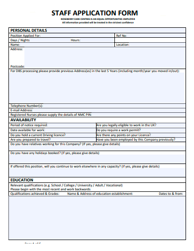 staff application form template