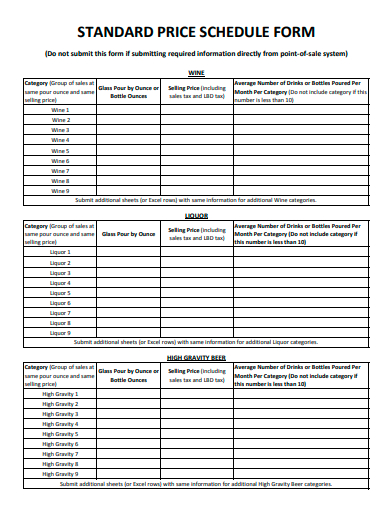 standard price schedule form template