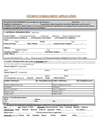 student enrollment application template