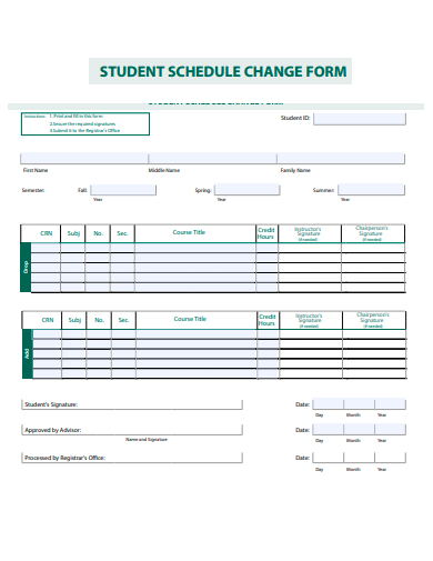 student schedule change form template