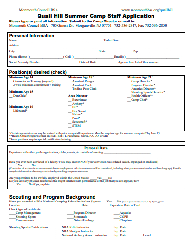 summer camp staff application template