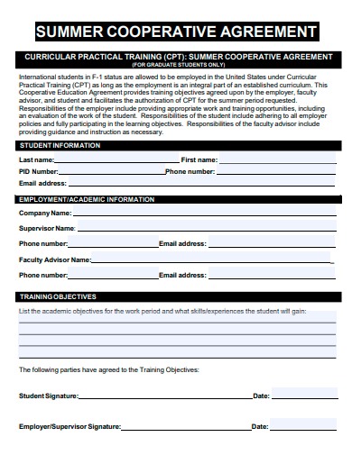 summer cooperative agreement template