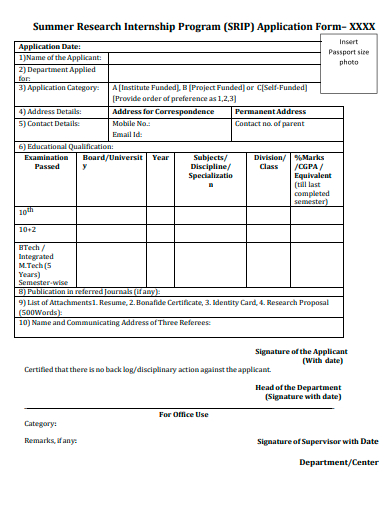 summer research internship program application form template