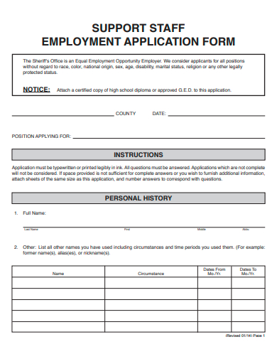 support staff employment application form template