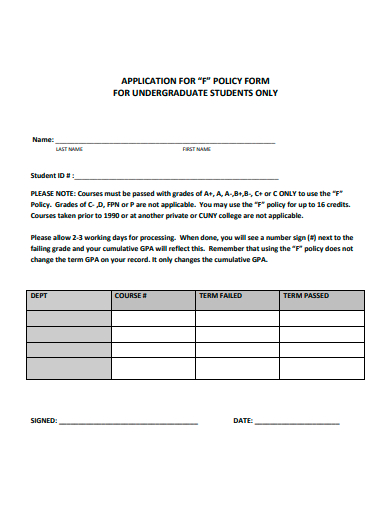 undergraduate students policy application form template
