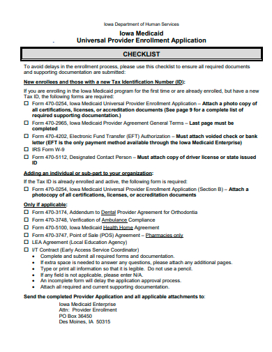 universal provider enrollment application checklist template