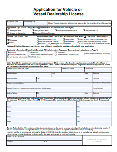 vessel dealership license application template
