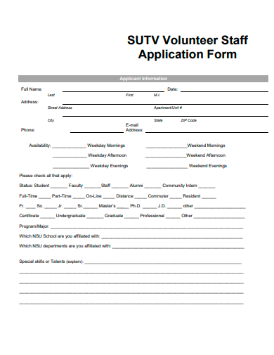 volunteer staff application form template