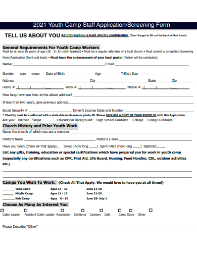 youth camp staff application template