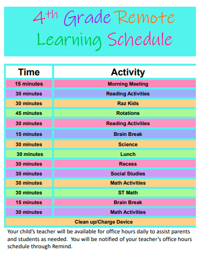 4th grade remote learning schedule template
