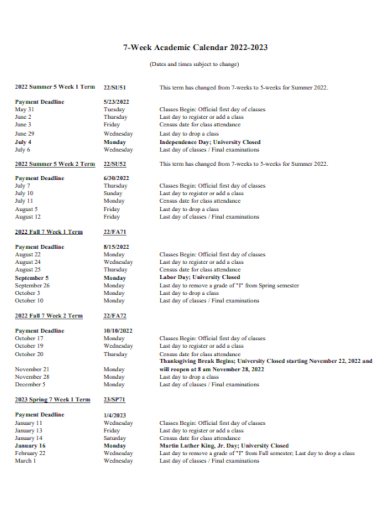 7 week academic calendar