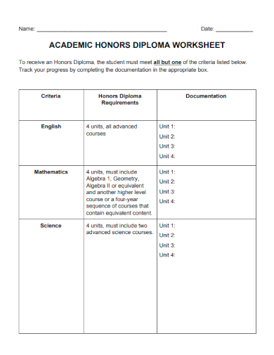 academic honors diploma worksheet