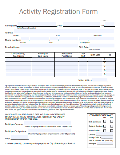 activity registration form template
