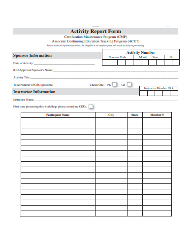 activity report form template