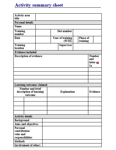 activity summary sheet template