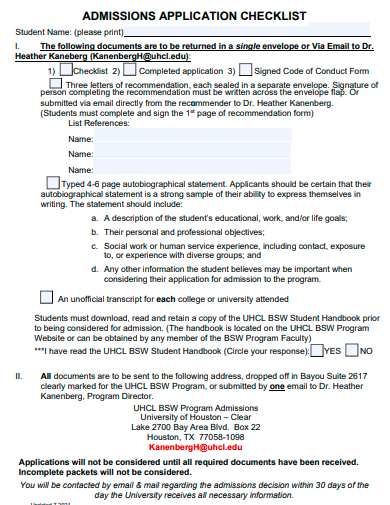 admission application checklist template