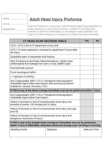 adult head injury proforma
