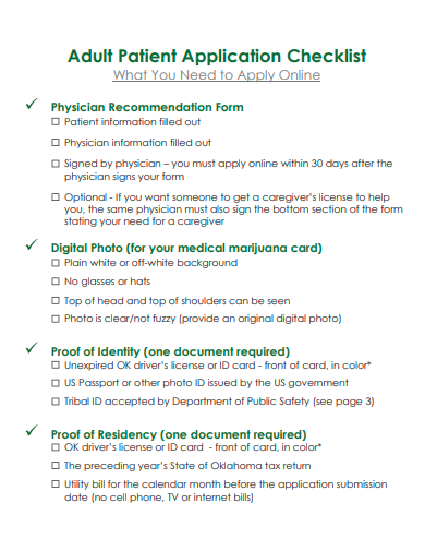 adult patient application checklist template