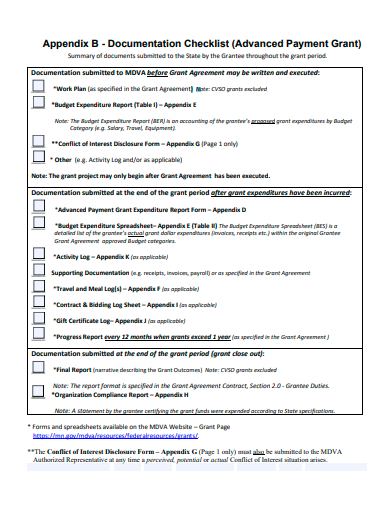 advanced payment grant documentation checklist template