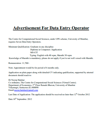 advertisement for data entry operator template