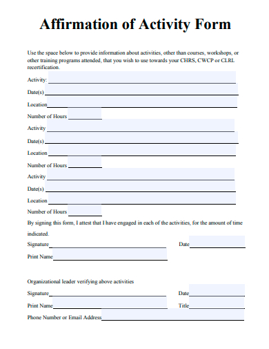 affirmation of activity form template