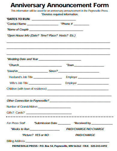 anniversary announcement form template
