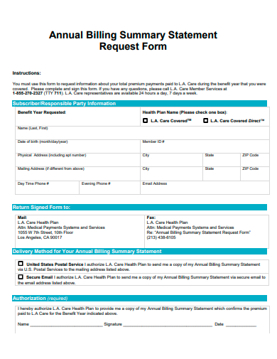 annual billing summary statement request form template