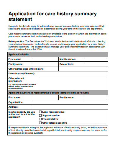 application for care summary statement template