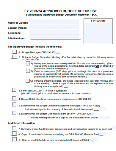 approved budget checklist template