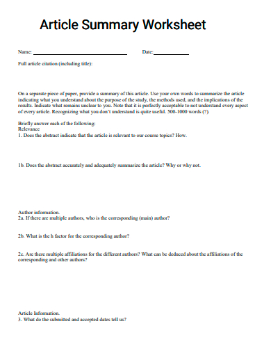 article summary worksheet template