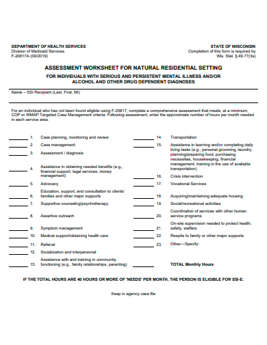 assessment worksheet for natural residential setting template