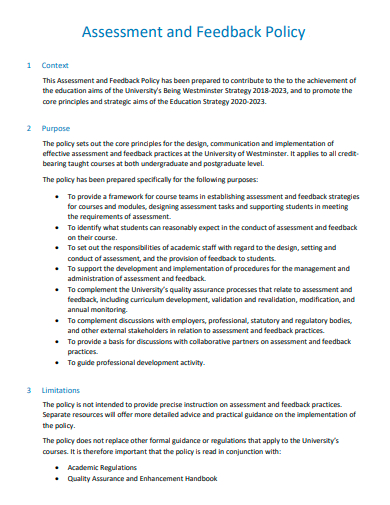 assessment and feedback policy template