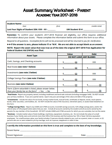 asset summary worksheet template