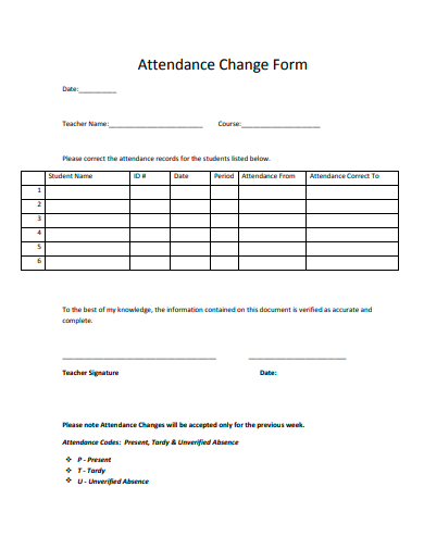 attendance change form template