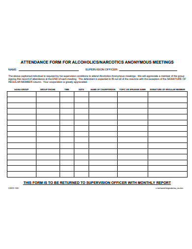 attendance form for alcoholic template