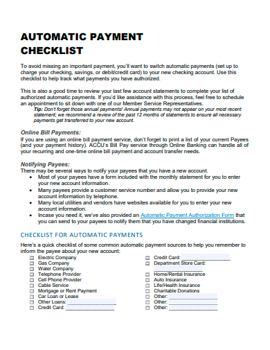 automatic payment checklist template