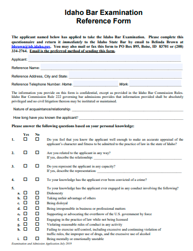 bar examination reference form template