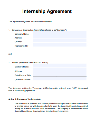 basic internship agreement template