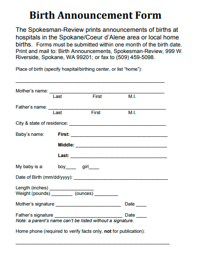birth announcement form template