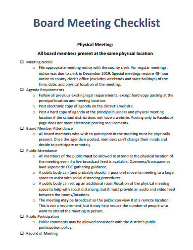 board meeting checklist template