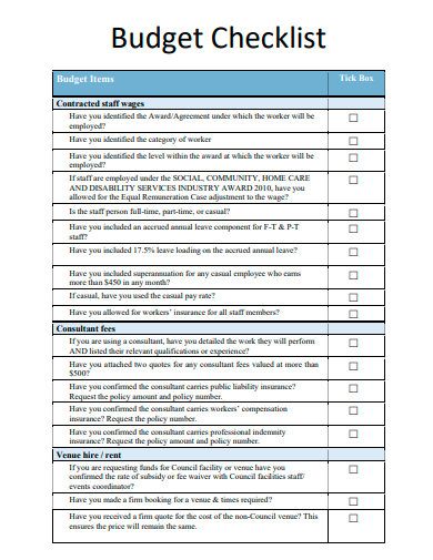 budget checklist template