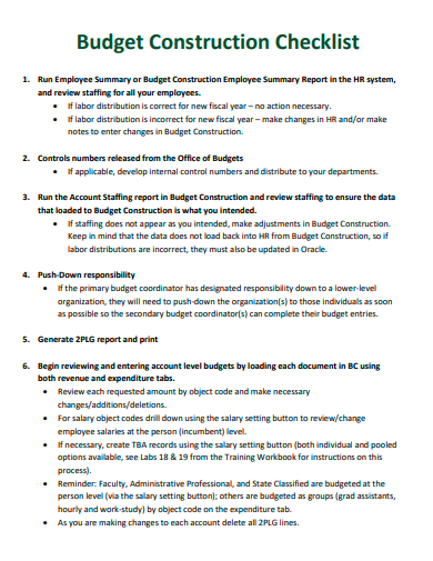 budget construction checklist template